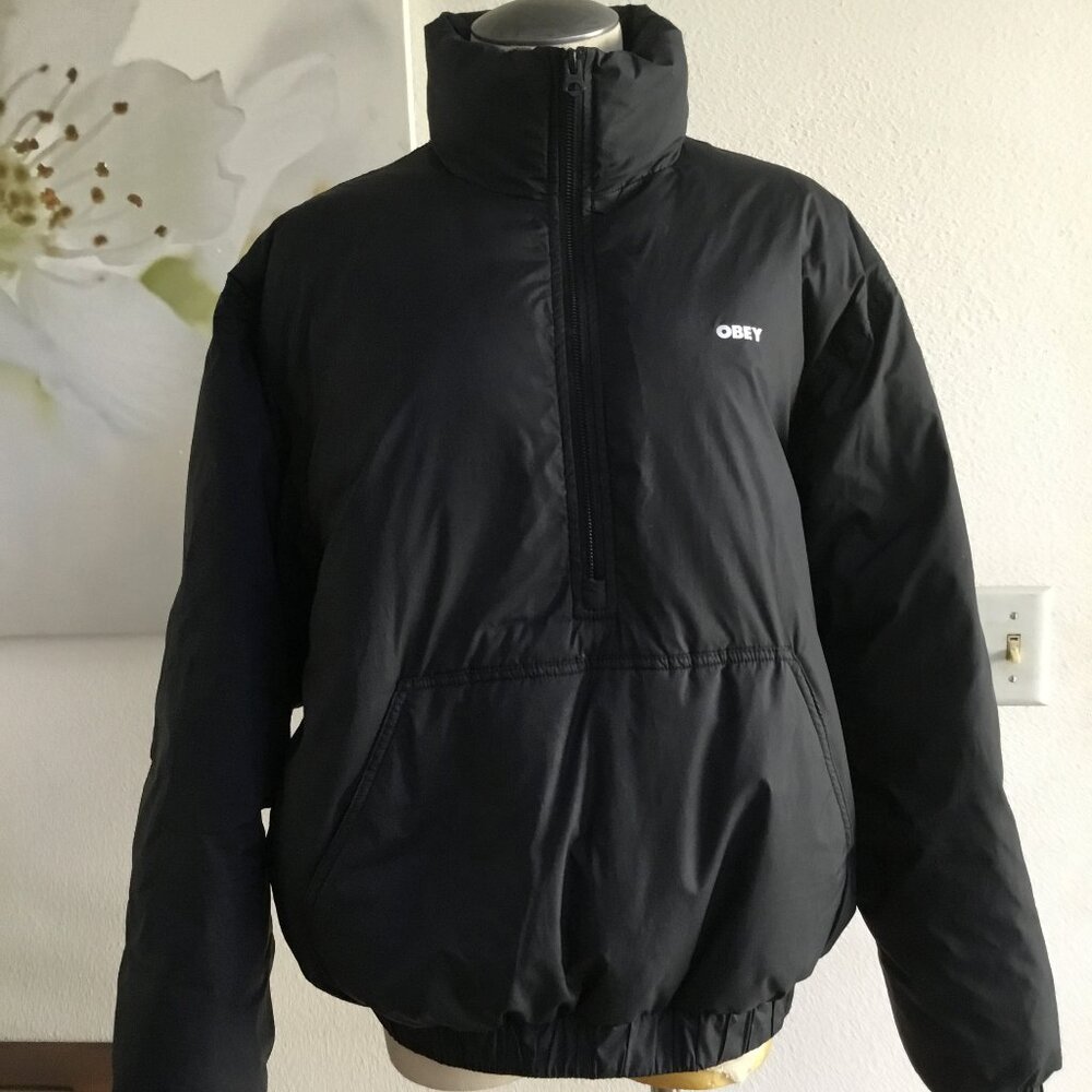 OBEY Casual Cropped Puffer Jacket Overcoat Quilted Logo Half Zipper Warm Blk S